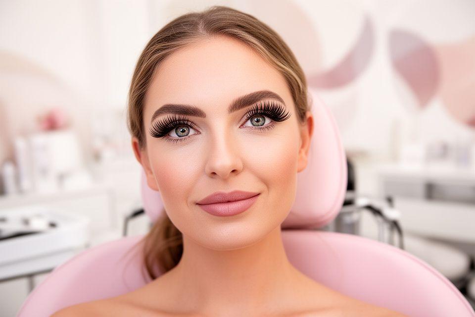 Eine stilvolle Kundin mit verlängerten Wimpern in einem hellen Zürcher Beauty-Studio, weich ausgeleuchtet und entspannt sitzend