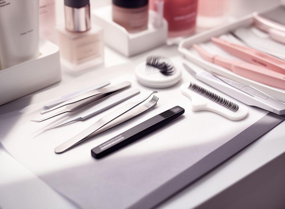 Nahaufnahme einer sauberen Beauty-Station mit Pinzetten, Wimpernprodukten und sanftem Tageslicht im Zürcher Studio