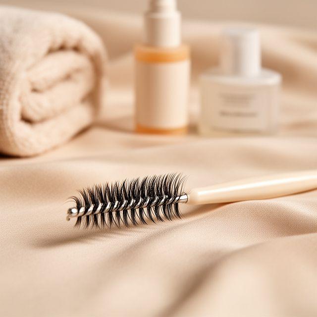 Reinigungsbürste für Wimpernextensions auf einem weichen Tuch neben einem kleinen Pflegeset im hellen Studio